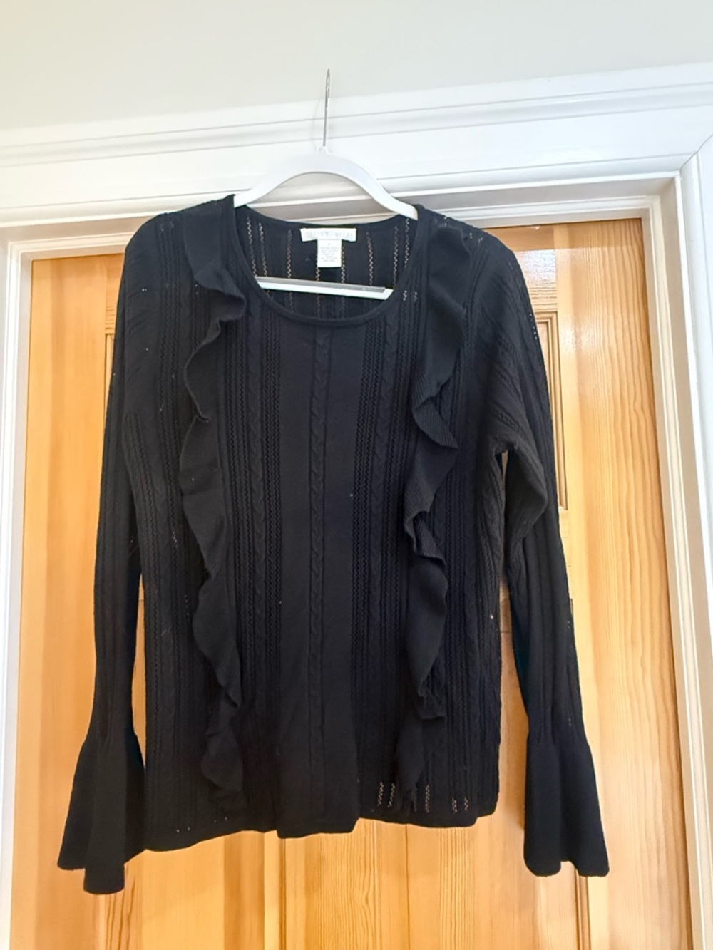 Design History Pointelle Black Knit Ruffle Sweater